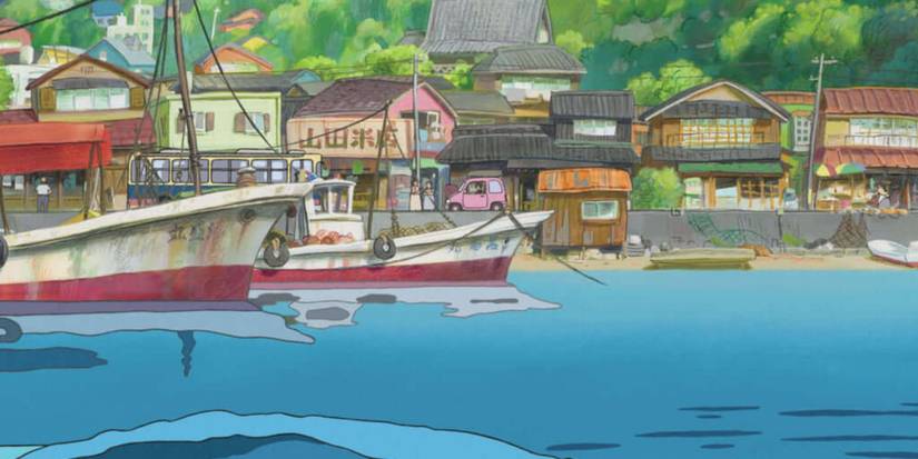 The sea port from Ponyo showcasing the town next to the sea.