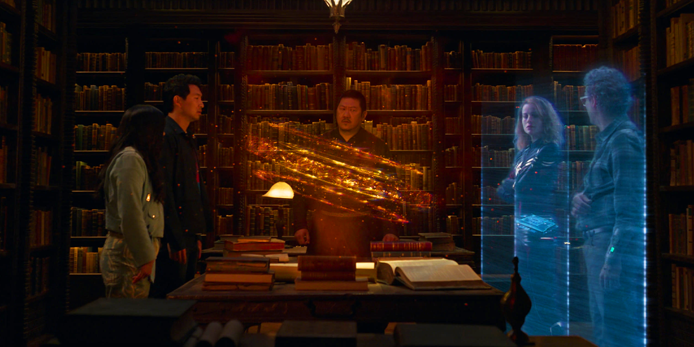 Shang-Chi, Katy, Wong, Carol Danvers, and Bruce Banner investigating the Ten Rings in Shang-Chi&rsquo;s post-credits scene