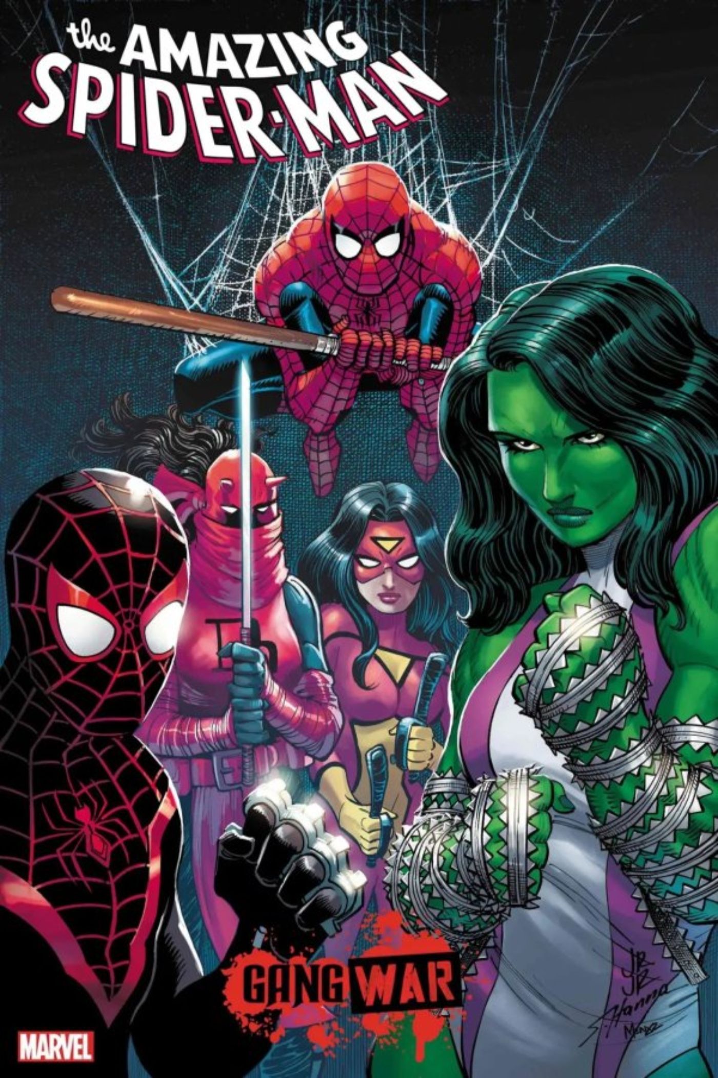 She-Hulk debuts her new weapon on Spider-Man cover.