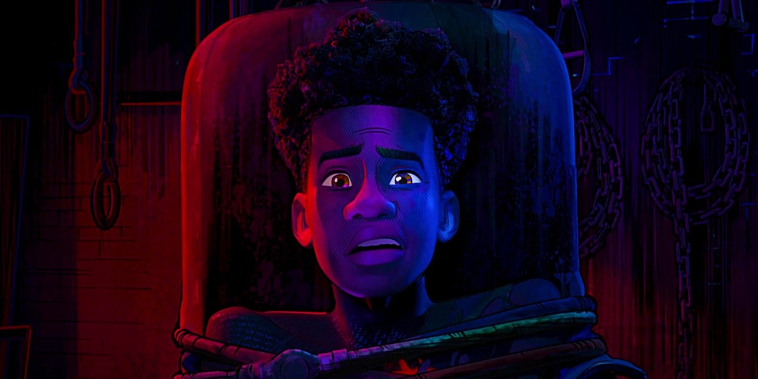 Miles Morales looking shocked while trapped by chains in Spider-Man: Across the Spider-Verse's ending.