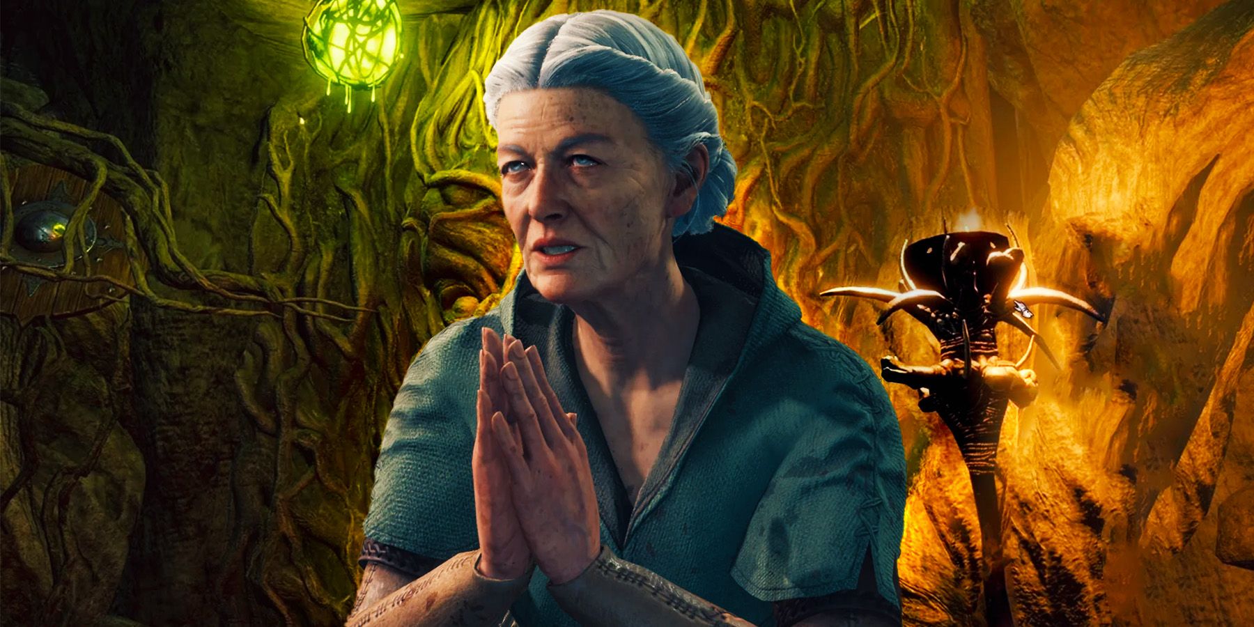 Auntie Ethel, an elderly woman with her hands clasped together, in Baldur's Gate 3.