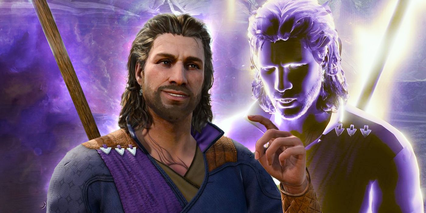 Gale, a human wizard in purple robes with flowing hair, and his spectral, glowing counterpart. The human version bears a friendly smile, while the glowing one looks seriously concerned.