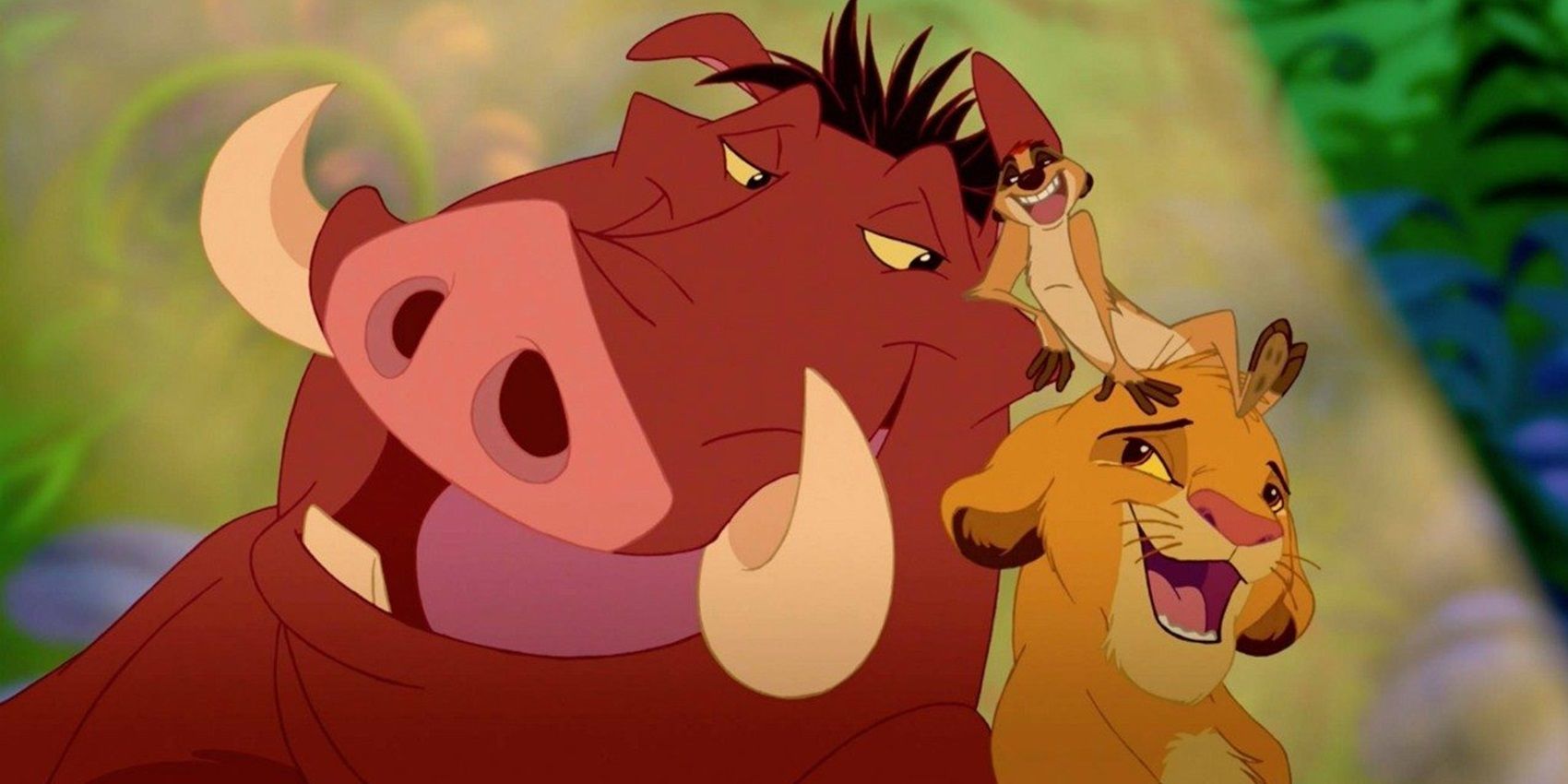 Simba chantant avec Timon et Pumbaa dans la jungle dans Le Roi Lion