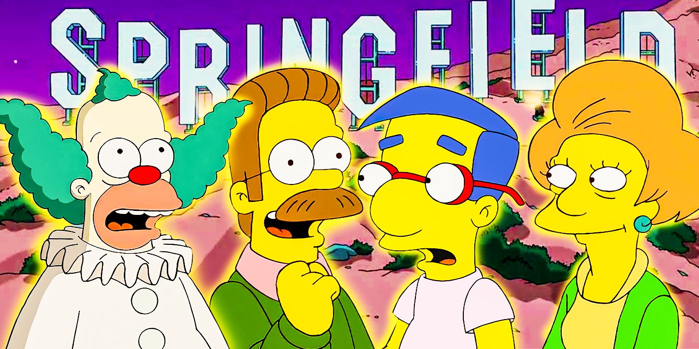 Krusty the Clown, Ned Flanders, Millhouse, and Edna Krabappel stood in front of a Springfield sign