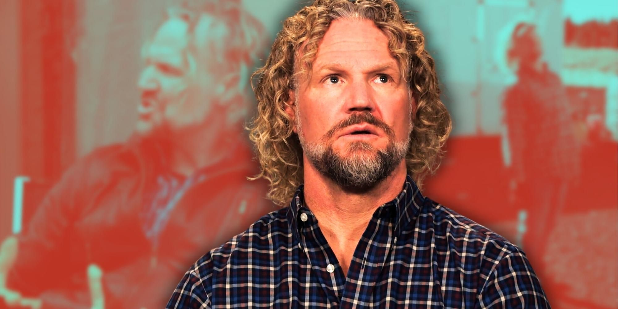 Sister Wives' Kody Brown montage wearing plaid shirt looking up red background
