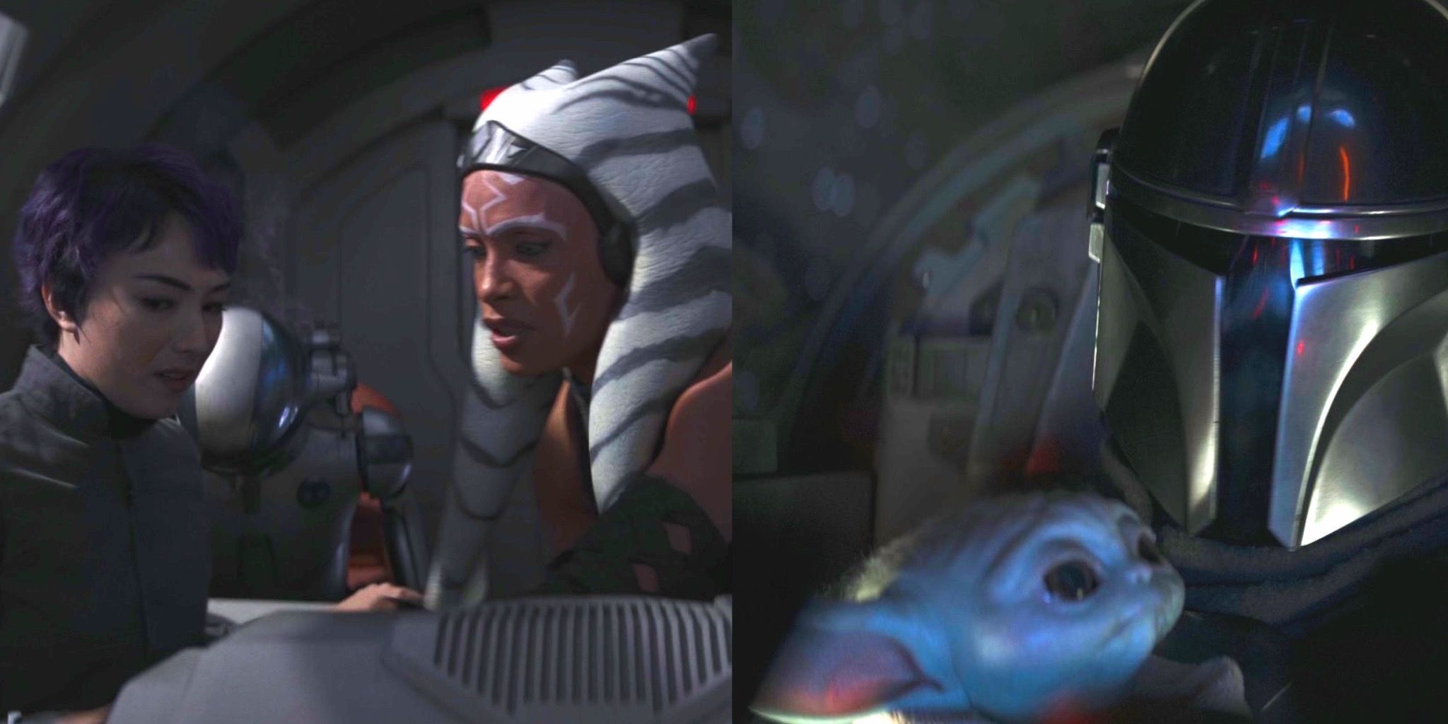 Sabine and Ahsoka in their ship and Grogu and Din in the N-1