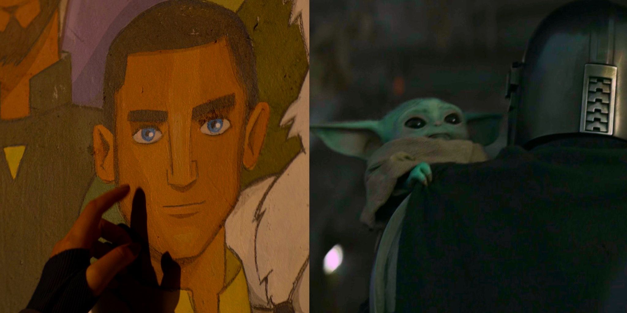 Sabine touching Ezra&rsquo;s face in the mural and Grogu holding on to Din