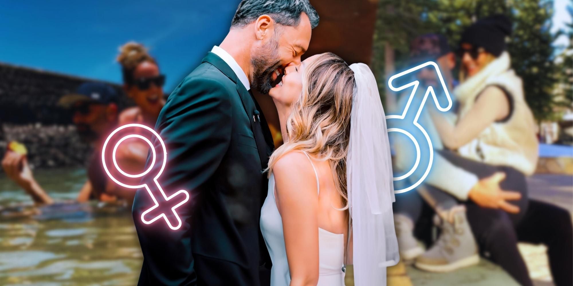 Montage of Bachelorette&rsquo;s Clare Crawley &amp; Ryan Dawkins, with gender symbols