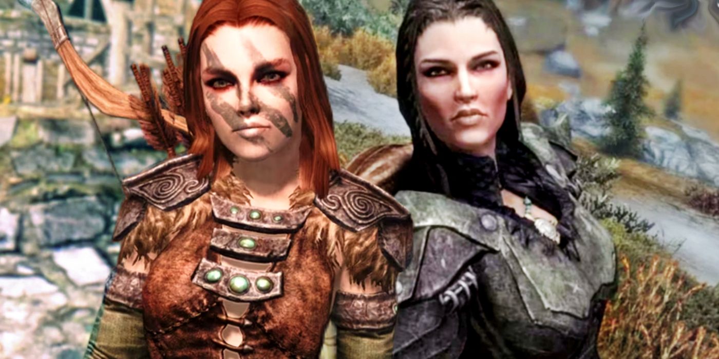 Skyrim's Aela and Lydia side by side in Skyrim.