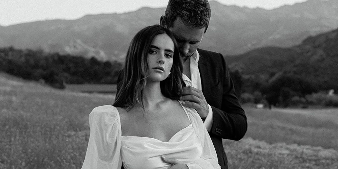 Black-and-white photo of The Bachelor&rsquo;s Nick Viall and Natalie Joy outside