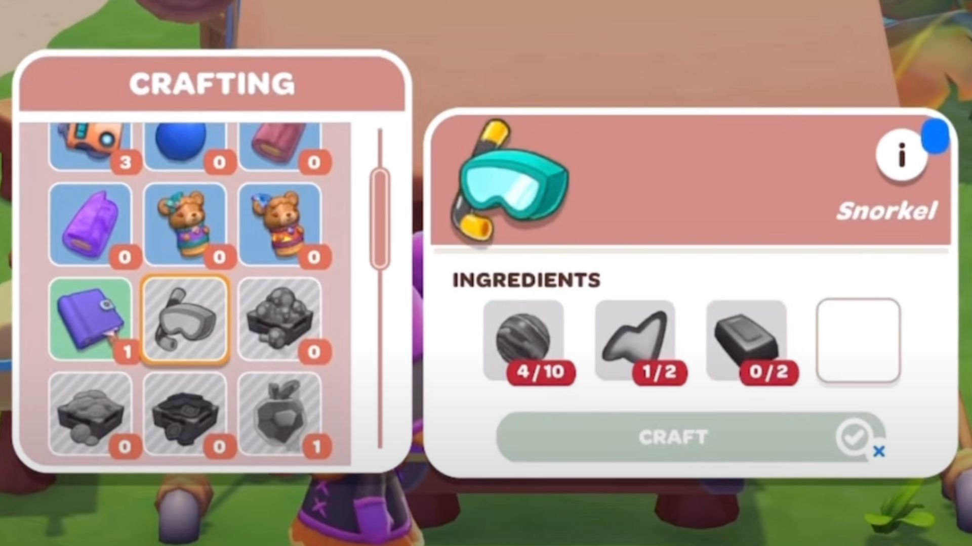 Snorkel crafting screen in Hello Kitty Island Adventure