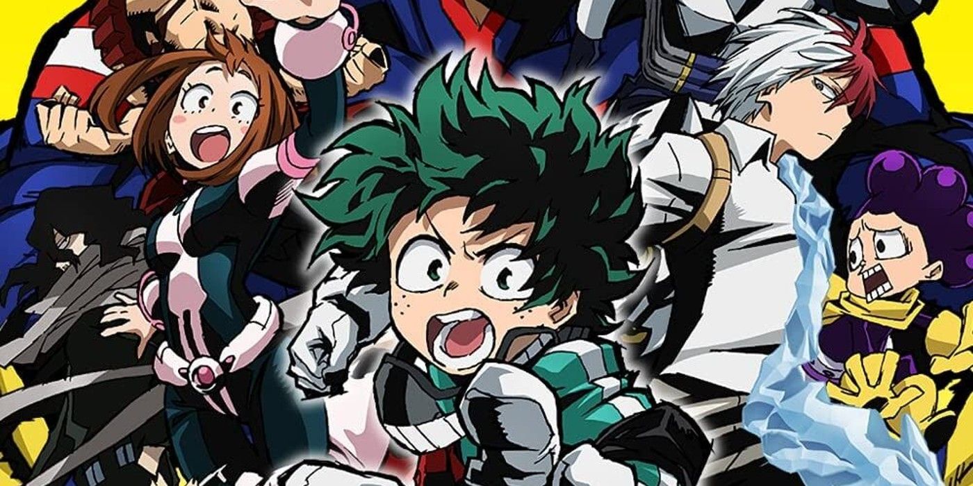 Some of My Hero Academia's main cast in a key visual for the anime adaptation, with Deku (Midoriya) in the center.