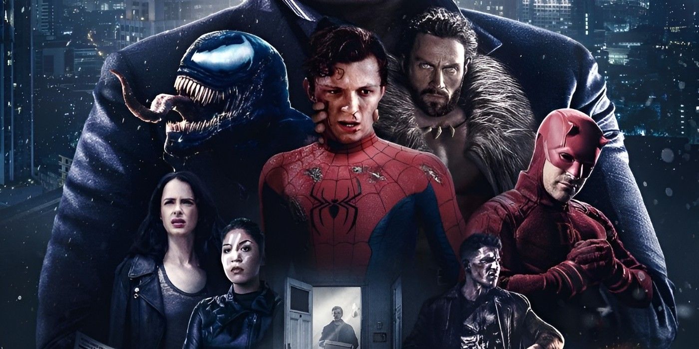 Spider-Man 4 fan poster with Tom Holland's Spider-Man, many Netflix heroes, Venom, Kraven, and Echo in Kingpin's shadow.