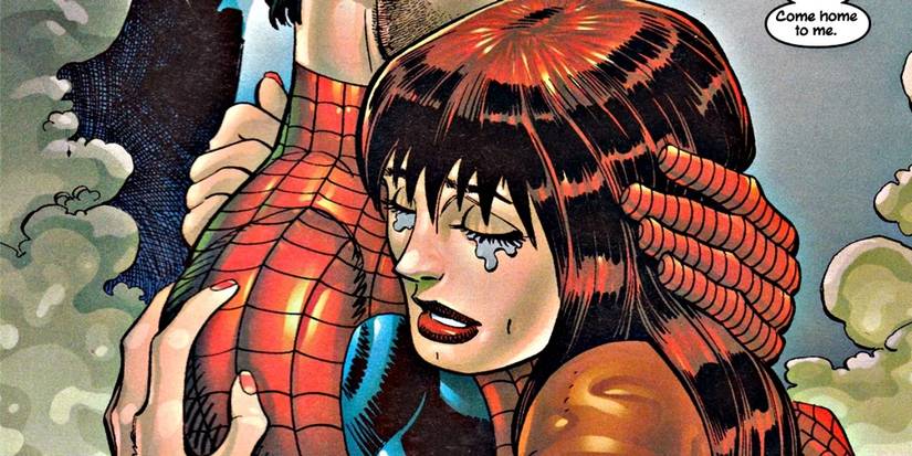 Spider-Man holding a crying Mary Jane Watson close to him, against a backdrop of rising smoke.