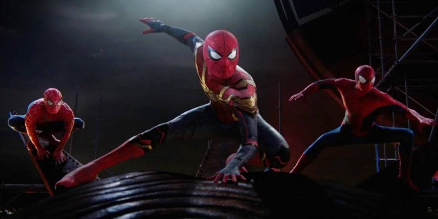 Andrew Garfield, Tom Holland, and Tobey Maguire's Spider-Men pose for battle during climax of Spider-Man: No Way Home