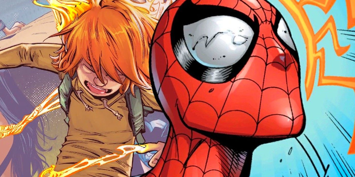 Spider-Boy without his costume (left); Spider-Man in costume using Spidey senses (right)