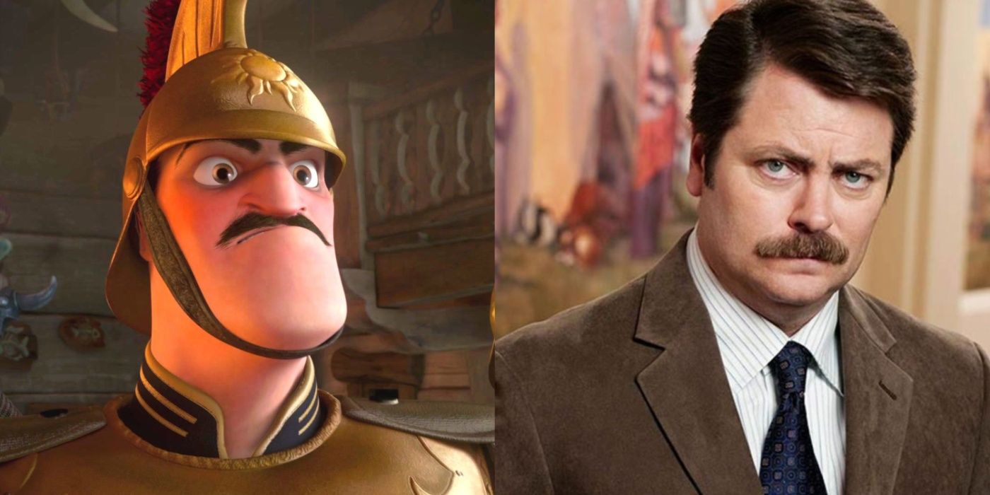 Split image of Captain of the Guard from Tangled and Nick Offerman in Parks and Rec