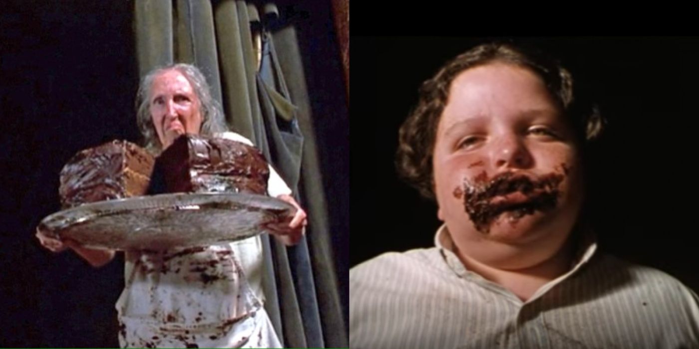 Split image of Marion Dugan in Matilda and the Matilda chocolate cake scene