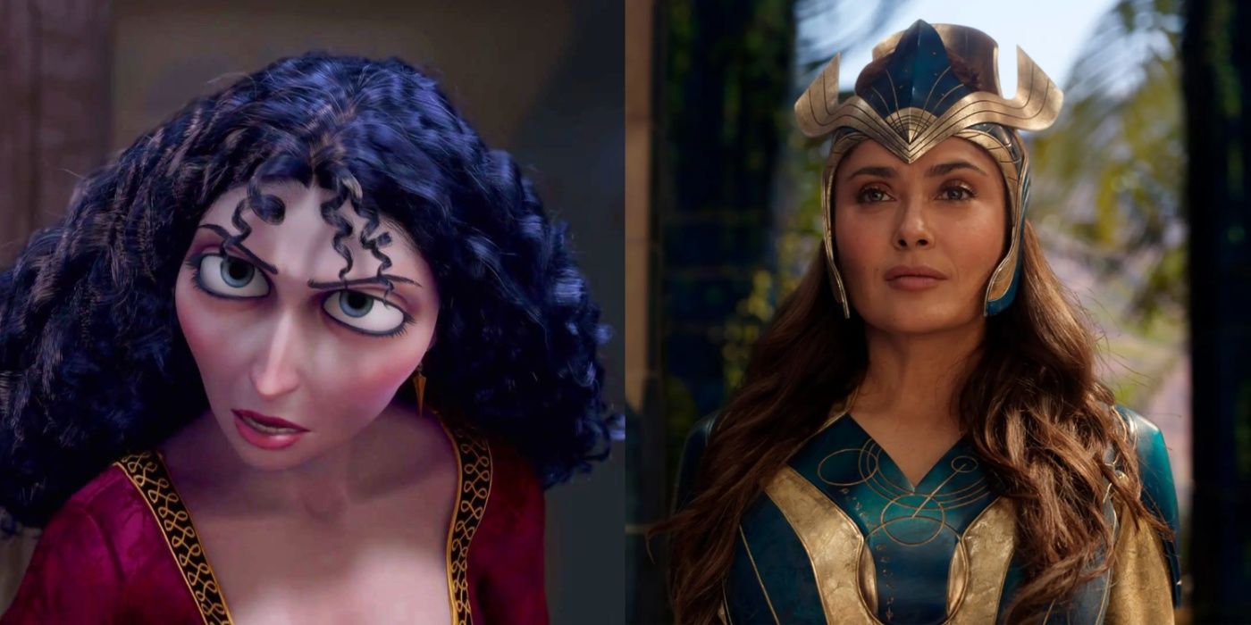 Split image of Mother Gothel in Tangled and Salma Hayek in Eternals