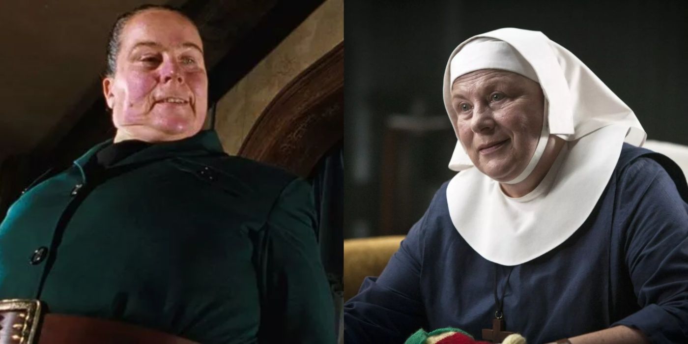 Split image of Pam Ferris in Matilda and Call the Midwife