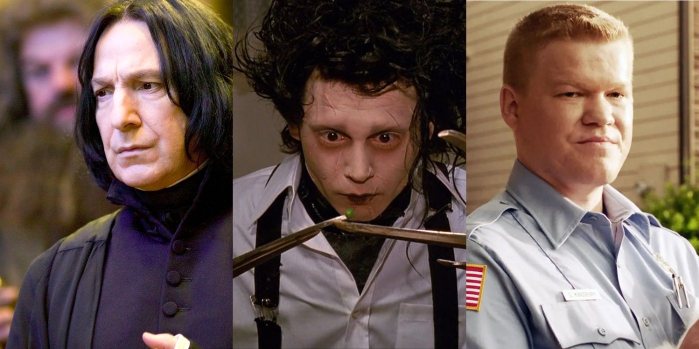 Split image of Severus Snape in Harry Potter, Edward Scissorhands and Jesse Plemons on Game Night