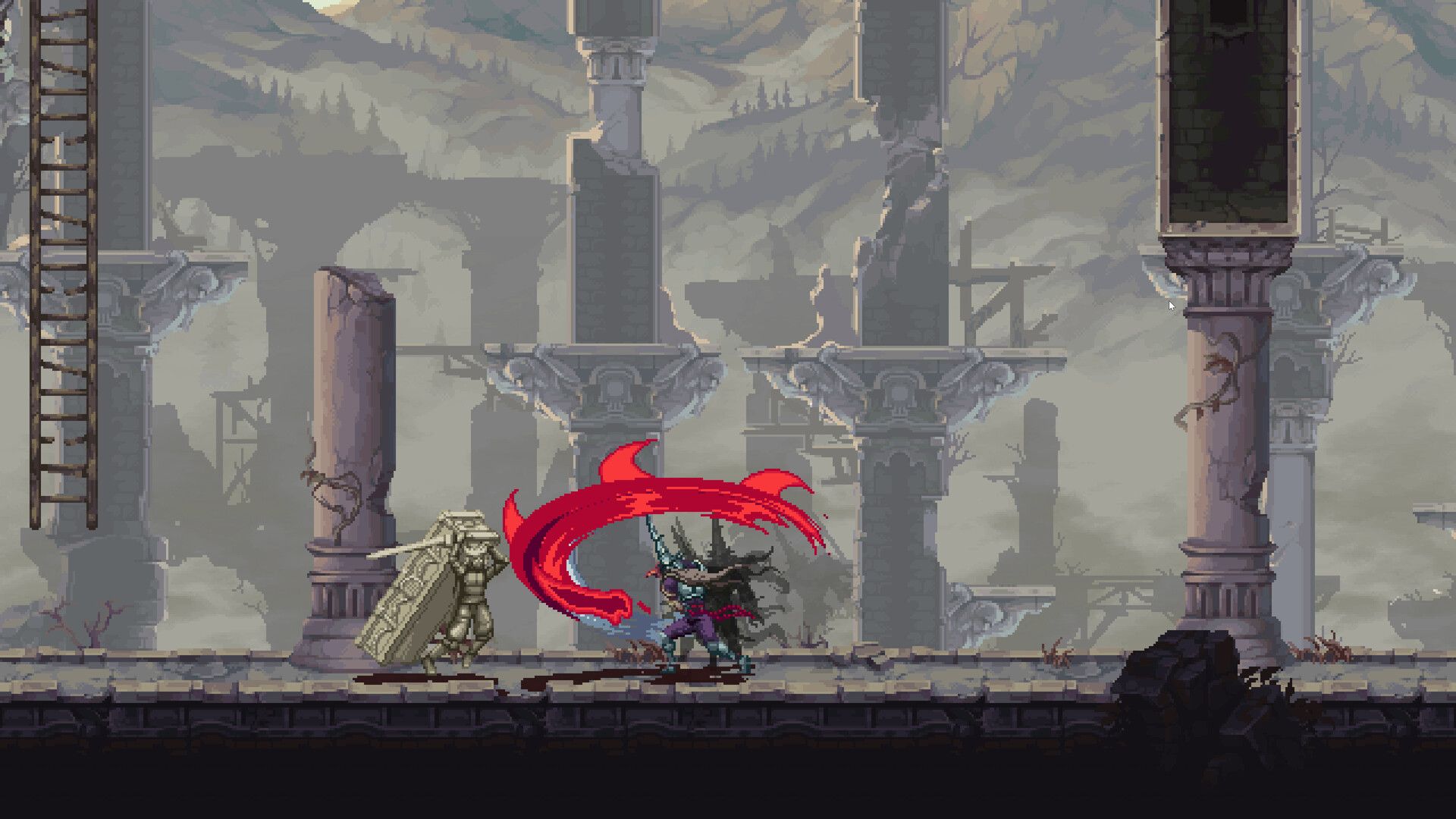 The Penitent One in Blasphmous 2, swinging a red blade at an enemy.