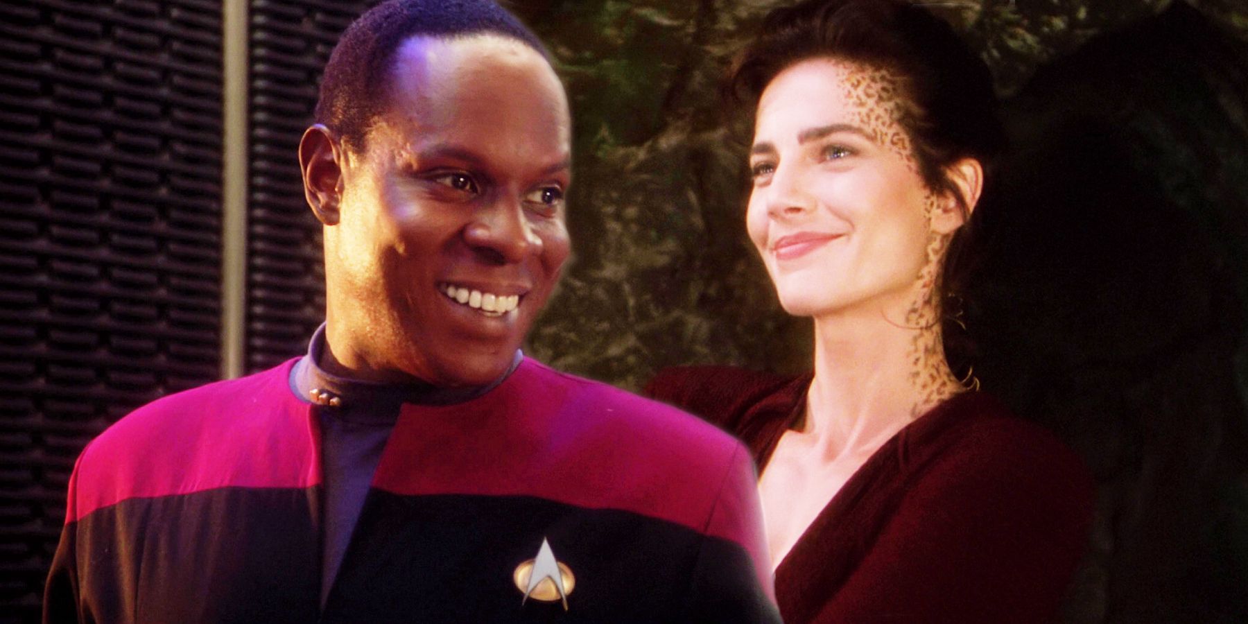Avery Brooks as a smiling Benjamin Sisko and Terry Farrell as a smiling Jadzia Dax
