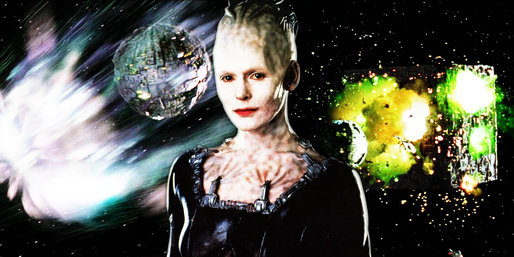 Star Trek's Borg Queen stands in front of two Borg space ships