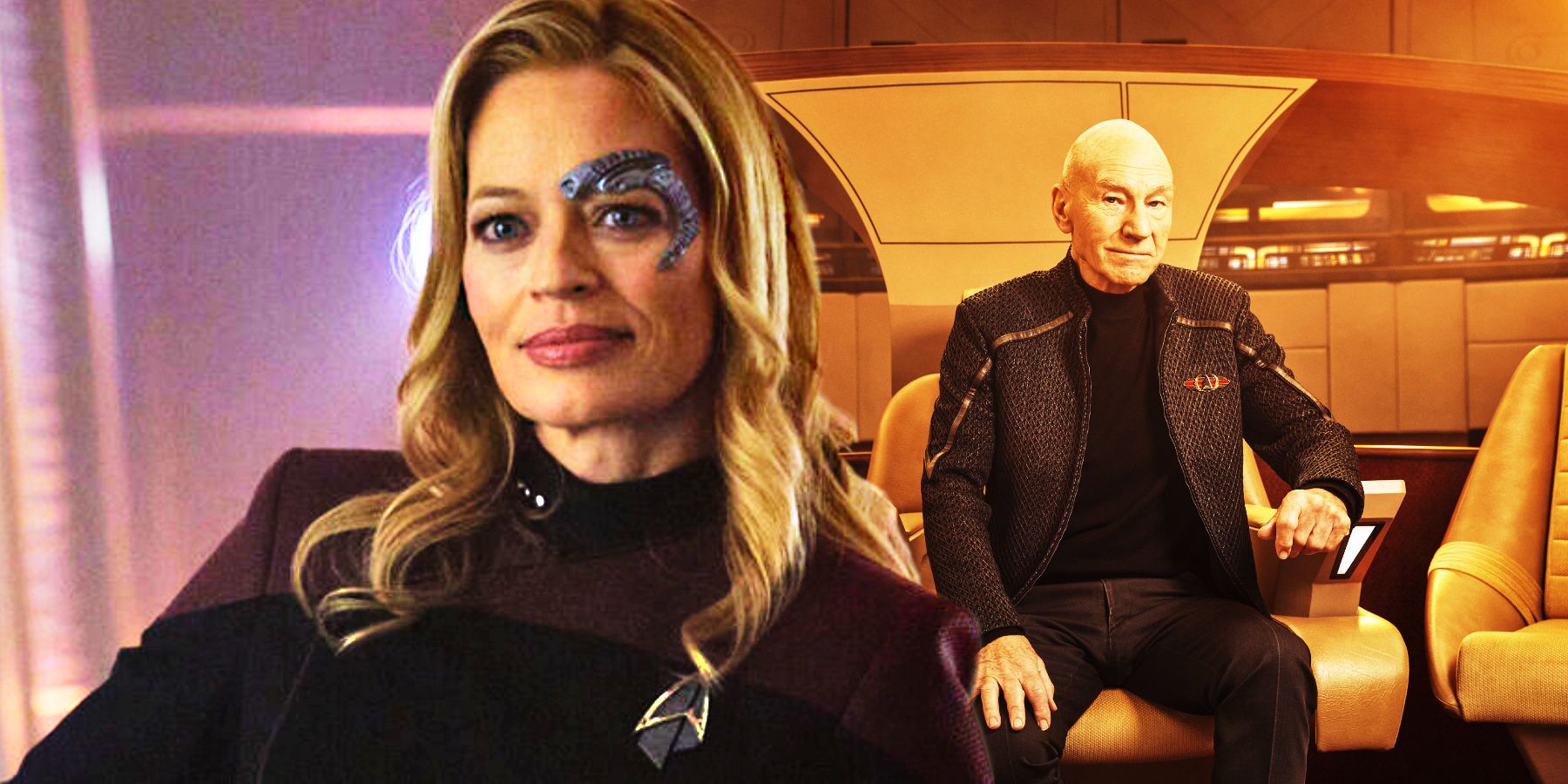 Jeri Ryan as Captain Seven of Nine and Patrick Stewart as Captain Jean-Luc Picard