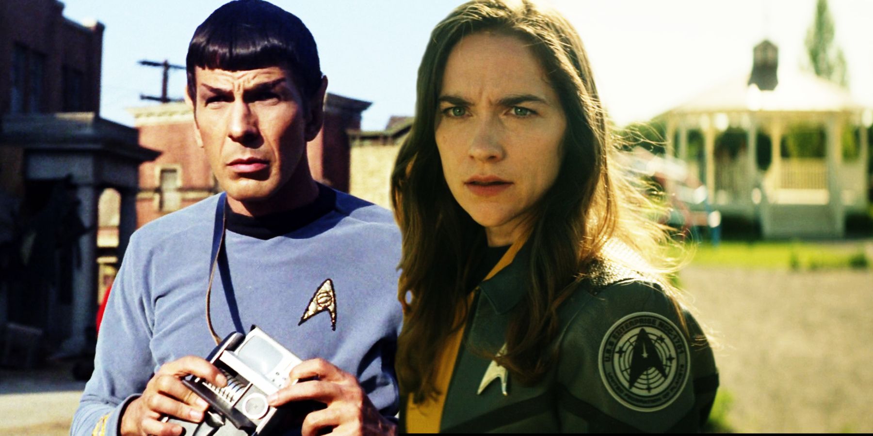 Leonard Nimoy as Spock checks his tricorder and Melanie Scrofano as Batel, looking concerned