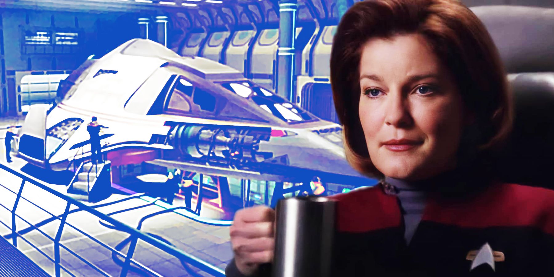 A shuttlecraft is being built while Janeway drinks coffee