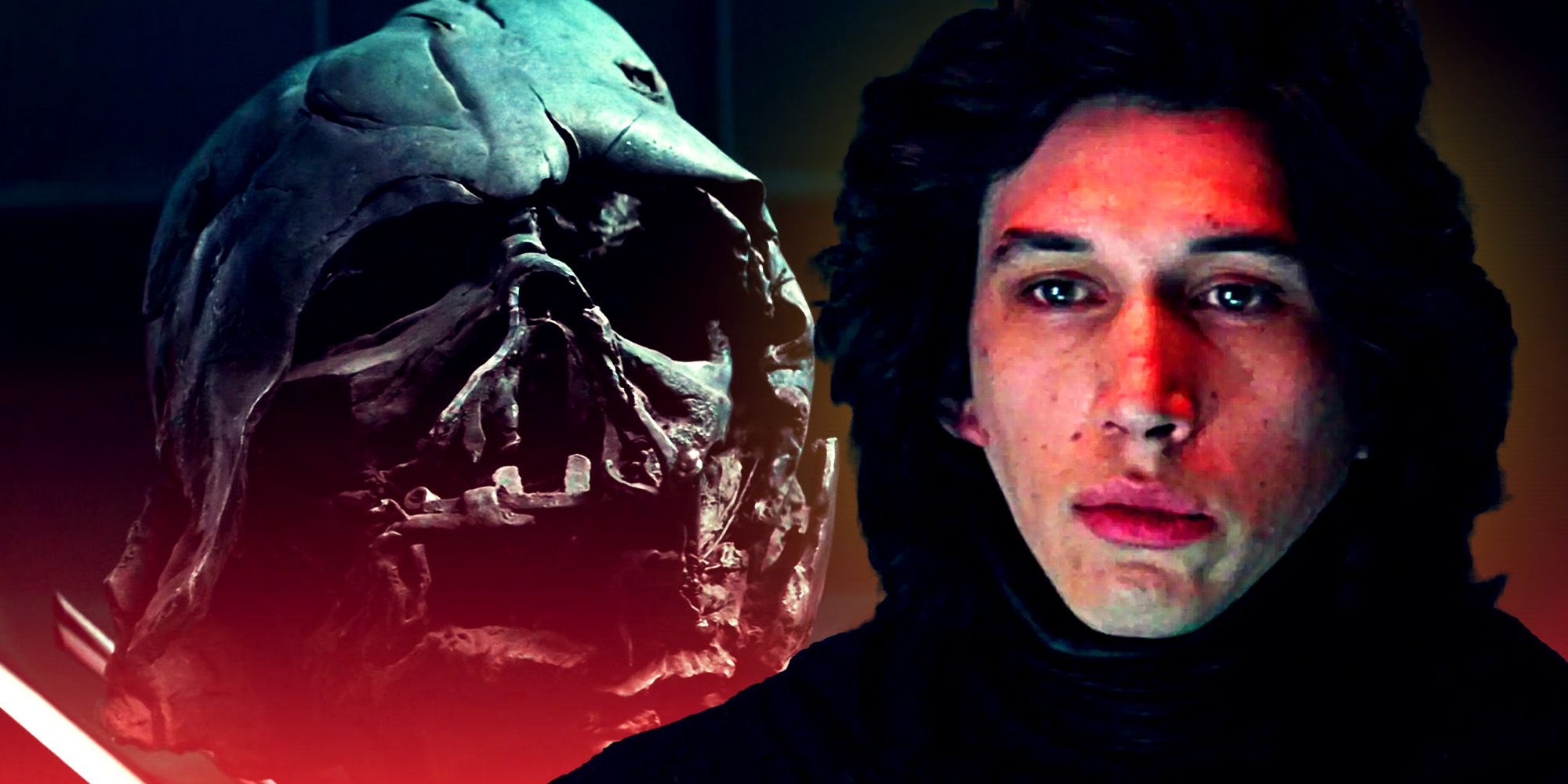 A split image of Darth Vaders mutilated helmet to the left and Kylo Ren without his helmet from The Force Awakens to the right