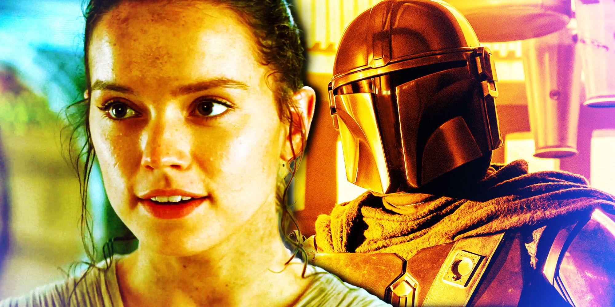 Colorful photos of Rey from The Star Wars sequel trilogy and The Mandalorian wearing helmet side by side
