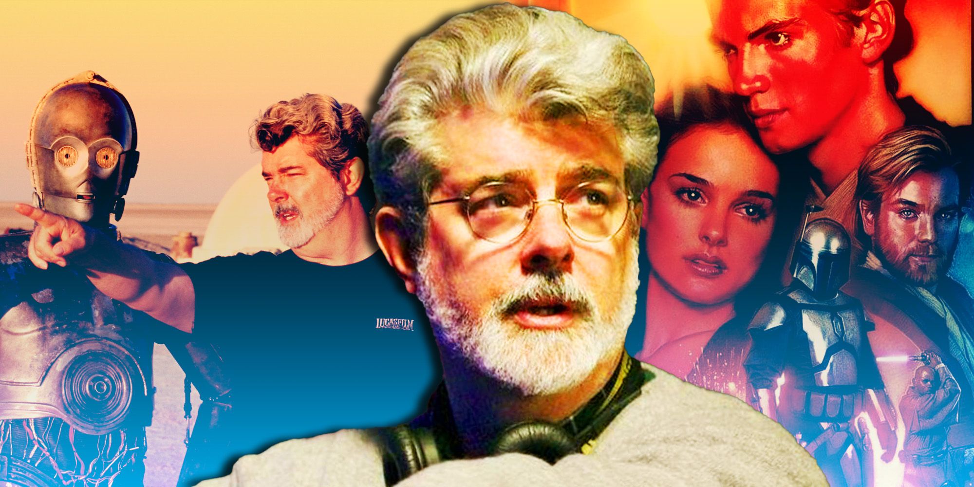 Attack of the Clones set, poster, and George Lucas.