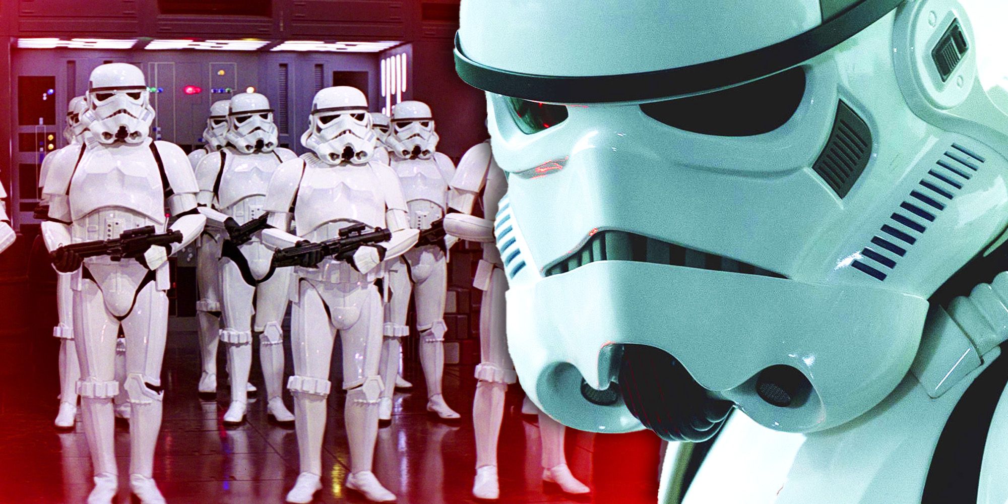 An Imperial stormtrooper faces the camera with a group of stormtroopers standing further behind.