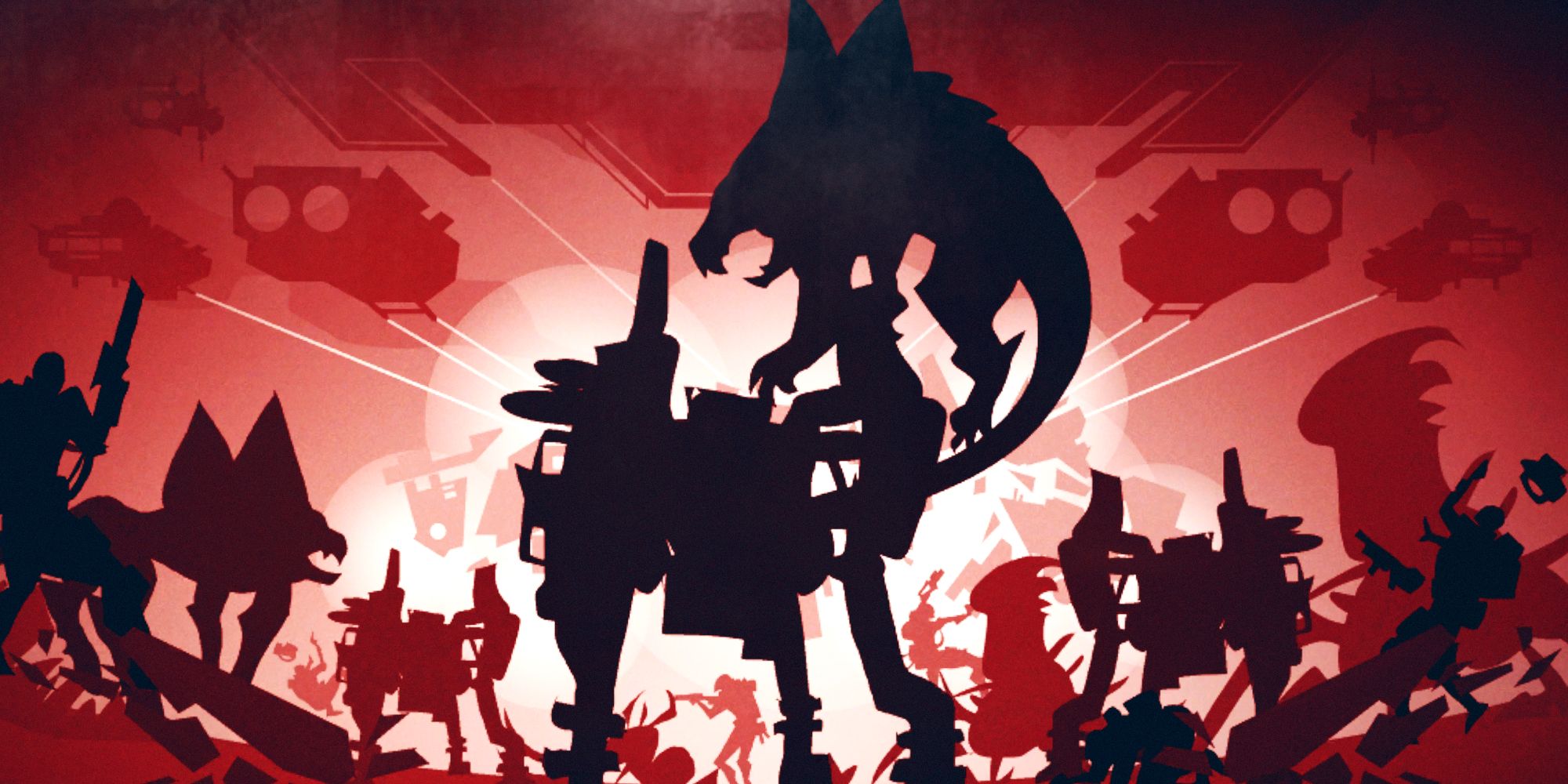 A screenshot of a piece of artwork in Starfield depicting the Colony War. In all red, black, and white silhouette, spaceships firing weapons fly above a battle between soldiers, mechs, and aliens known as Xenoweapons. In the very center, a mech is picking up a roaring Xenoweapon.