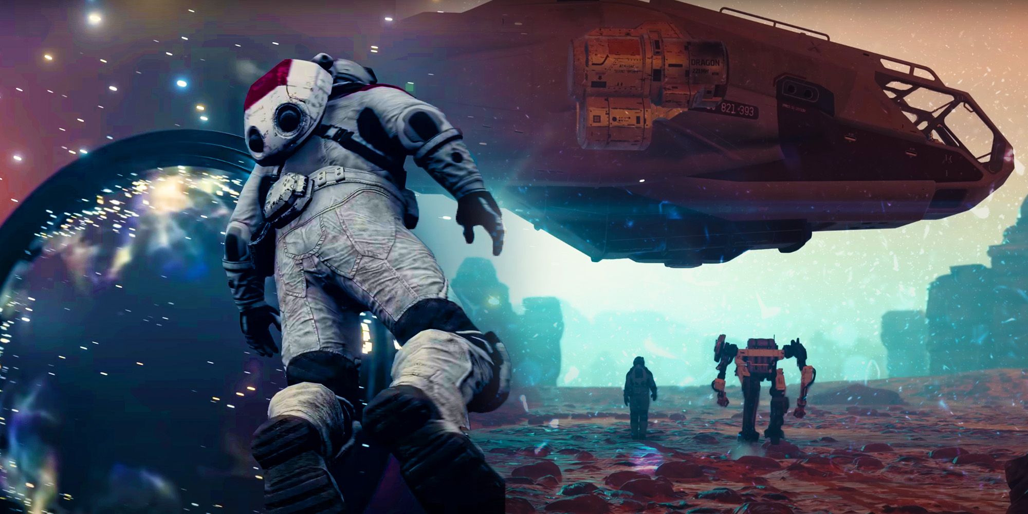 A person in a spacesuit floats toward a mysterious ring, which appears to be surrounded by and filled with stars, on the left. That image blends into another where a human character and a robot walk underneath the cockpit of a landed spaceship on a desert planet, rocky outcroppings in the background.