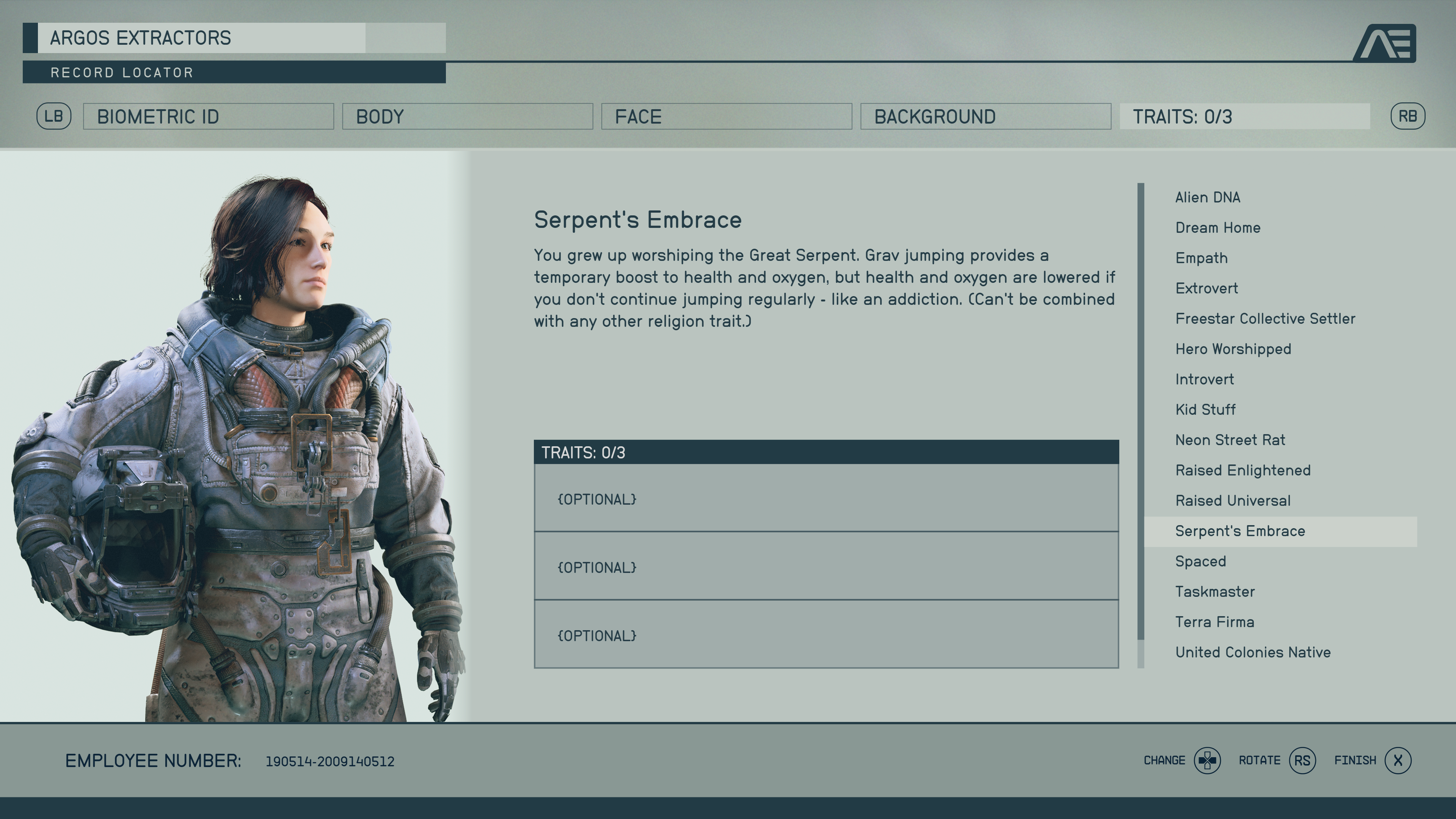 Uma captura de tela do menu de criação de personagem de Starfield, mostrando uma mulher em um traje espacial, segurando um capacete no lado esquerdo, com uma lista de opções à direita.  A característica Abraço da Serpente está selecionada.