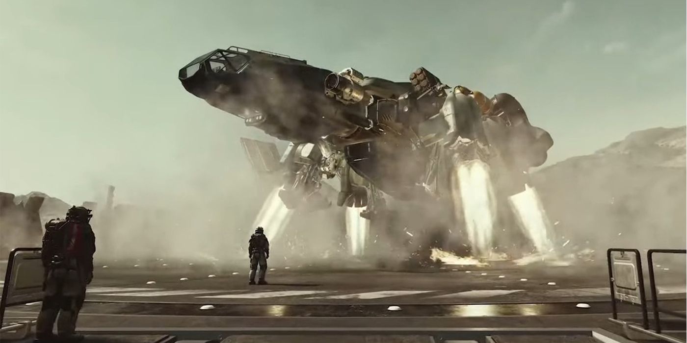 The Frontier spaceship launches off a landing pad in Starfield