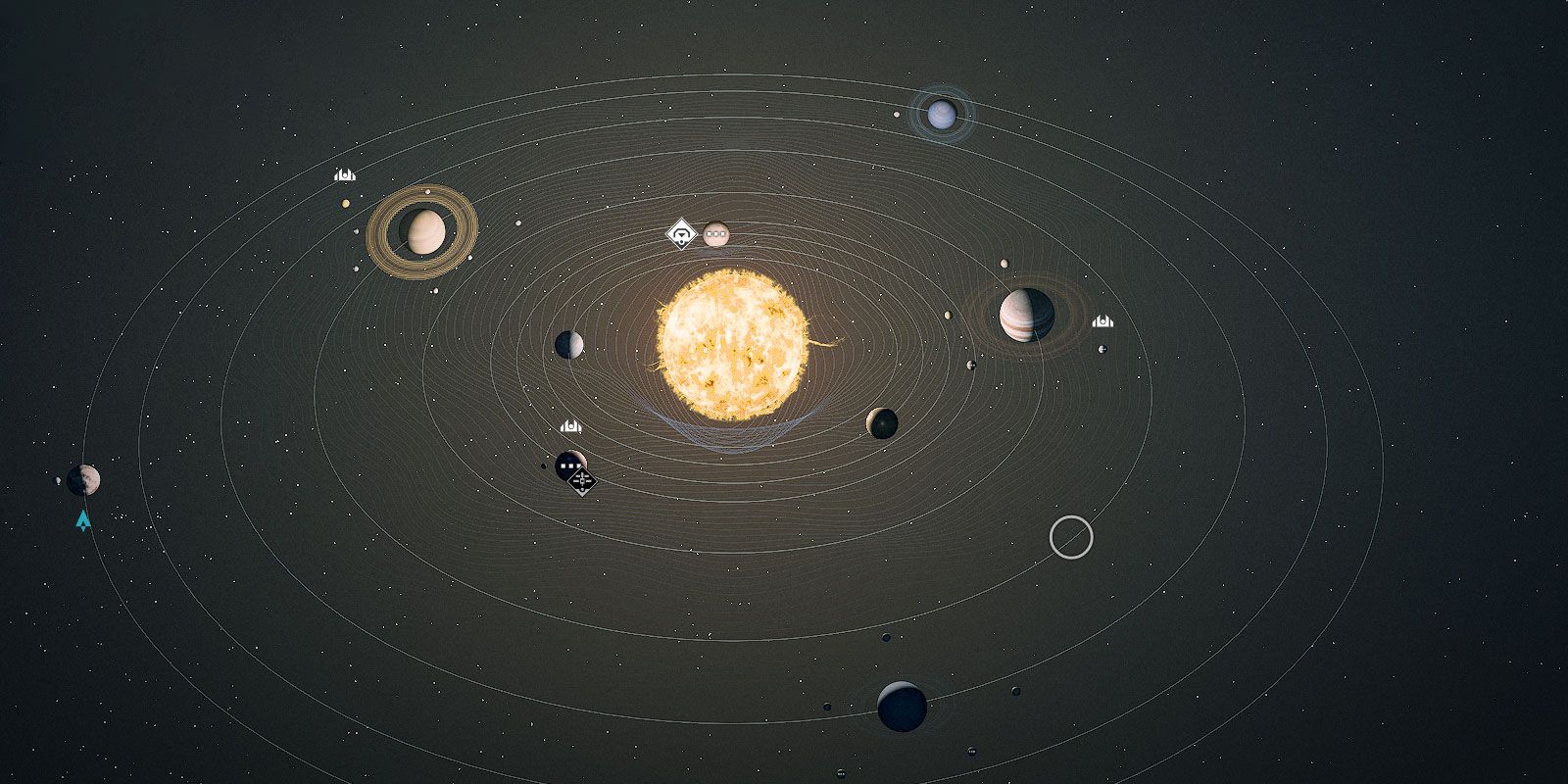 Starfield star system with planets orbiting around a giant yellow star.