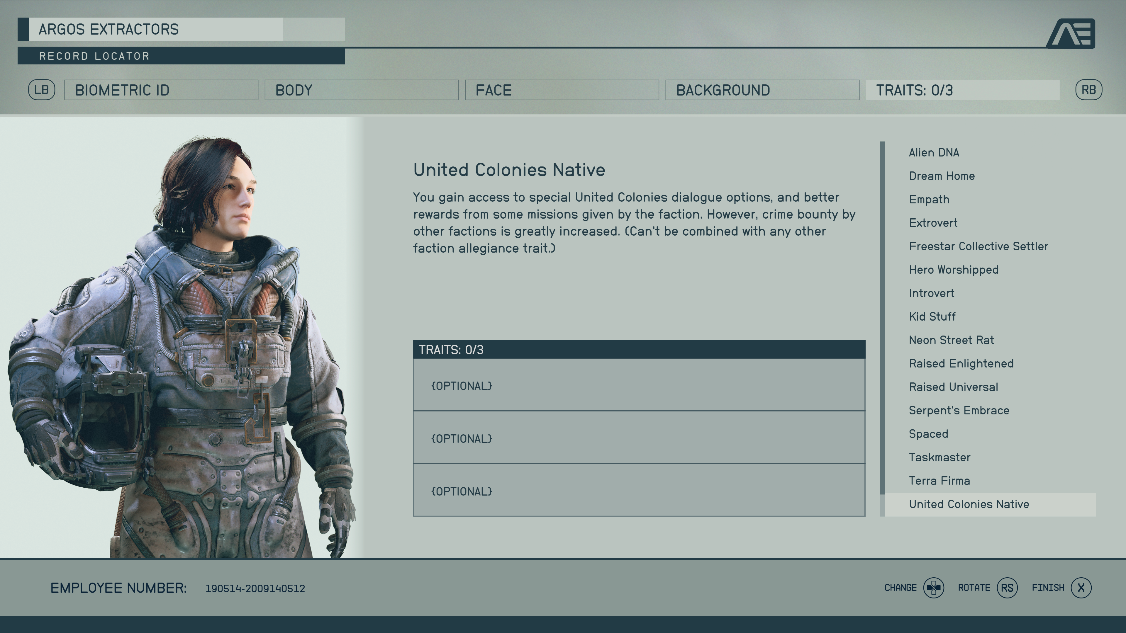 Uma captura de tela do menu de criação de personagem de Starfield, mostrando uma mulher em um traje espacial, segurando um capacete no lado esquerdo, com uma lista de opções à direita.  A característica Nativo das Colônias Unidas é selecionada.