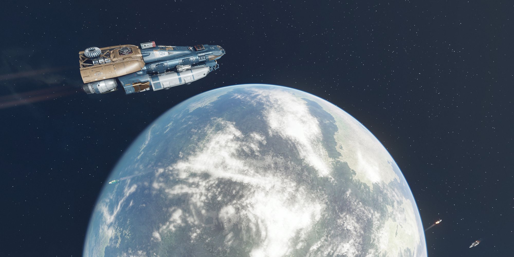 A ship in Starfield flying in orbit of the planet Jemison, which has variously earth-toned landmasses and blue oceans under white clouds. A few other spaceships can be seen flying in the distance.