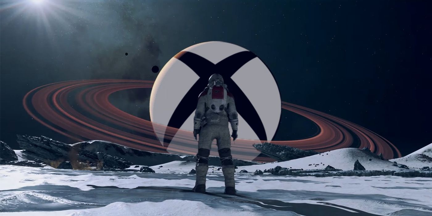 An astronaut from Starfield stares at a planer made up of the Xbox logo