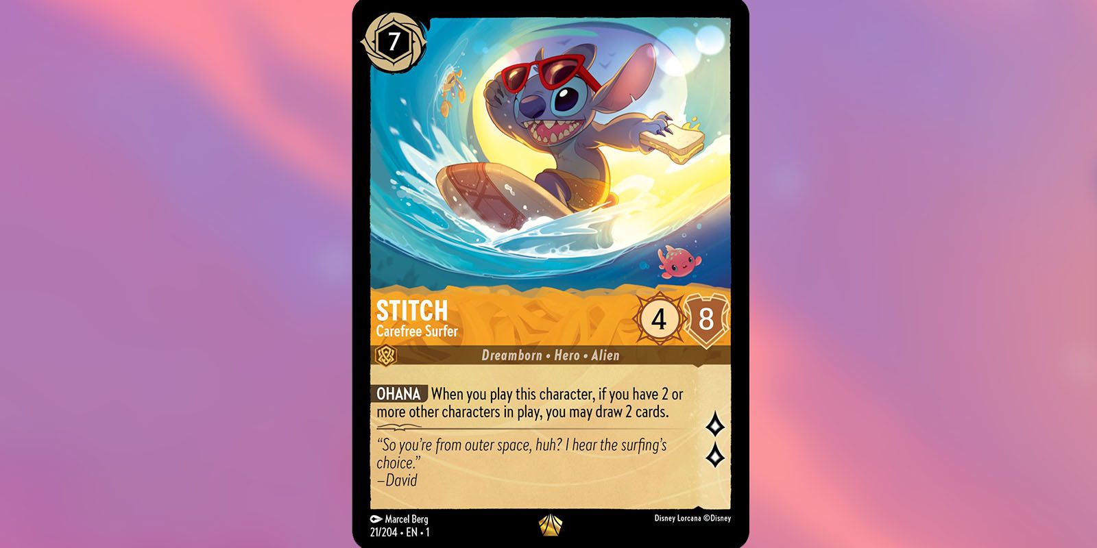 Stich surfing through the tube on a Disney Lorcana card.