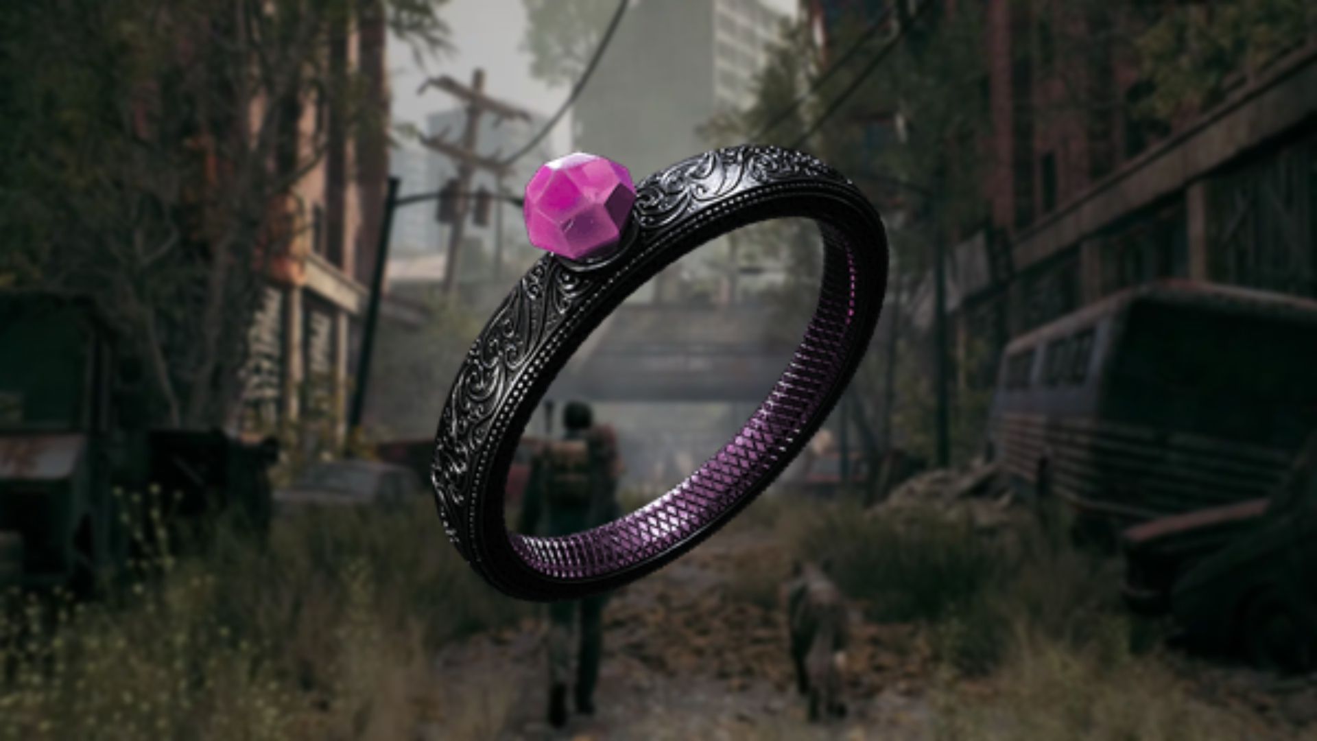 A render of Stone of Malevolence, a pink-tinted black ring with a small, bright pink gem, set against a blurred background of the Handler and their dog exploring the ruined world.