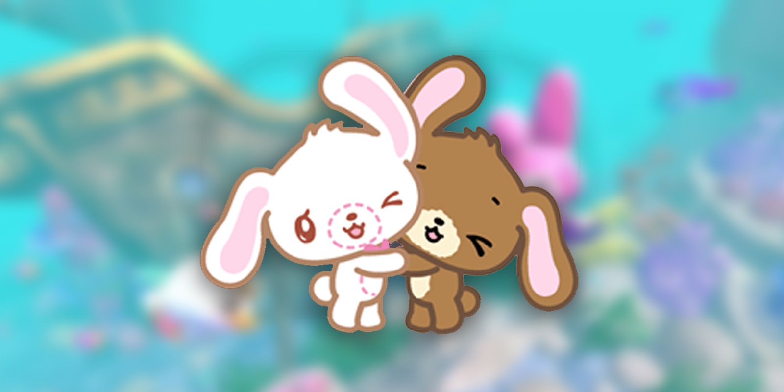 White and brown bunnies Shirousa and Kurousa hugging each other.