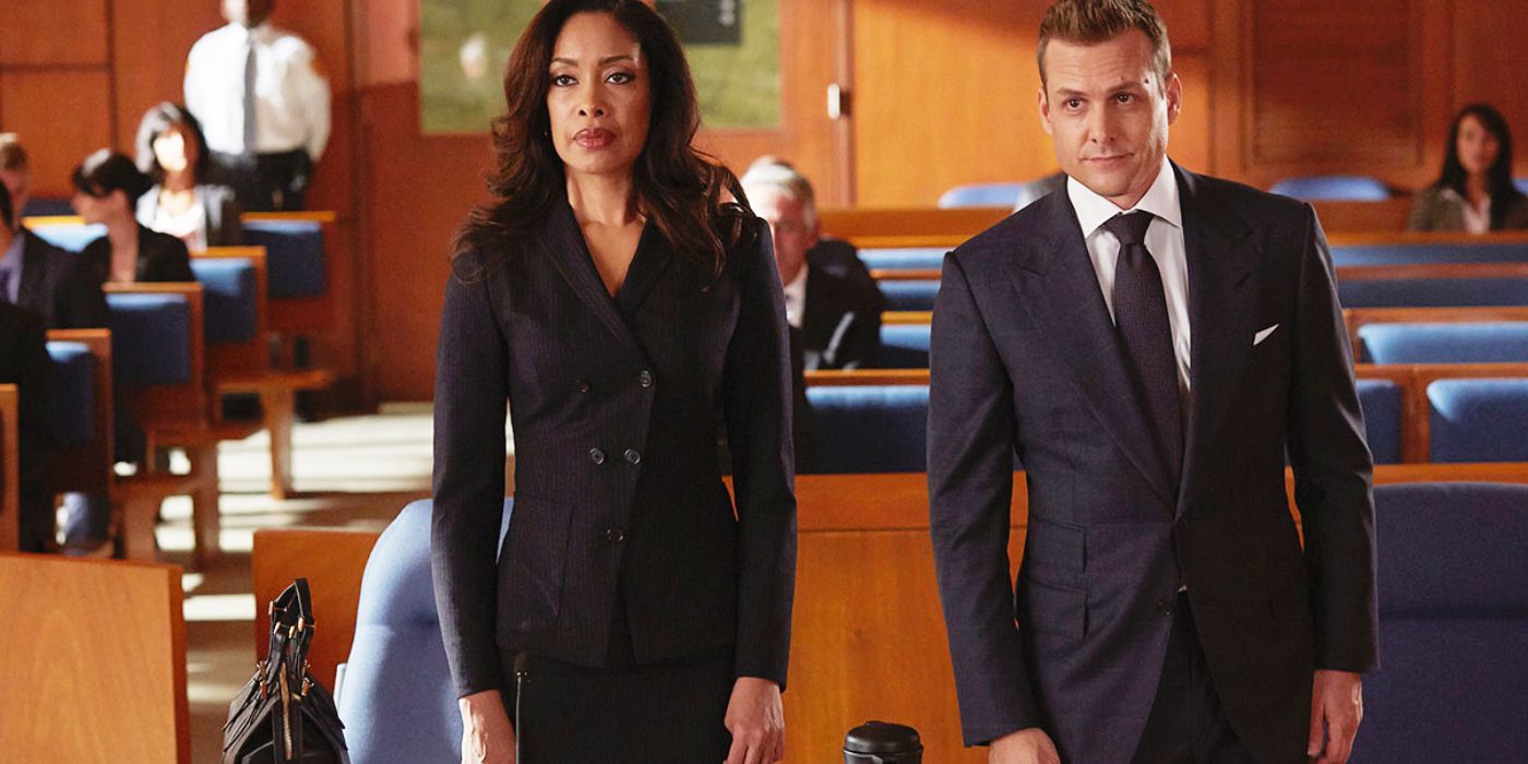 Harvey and Jessica standing in court in Suits