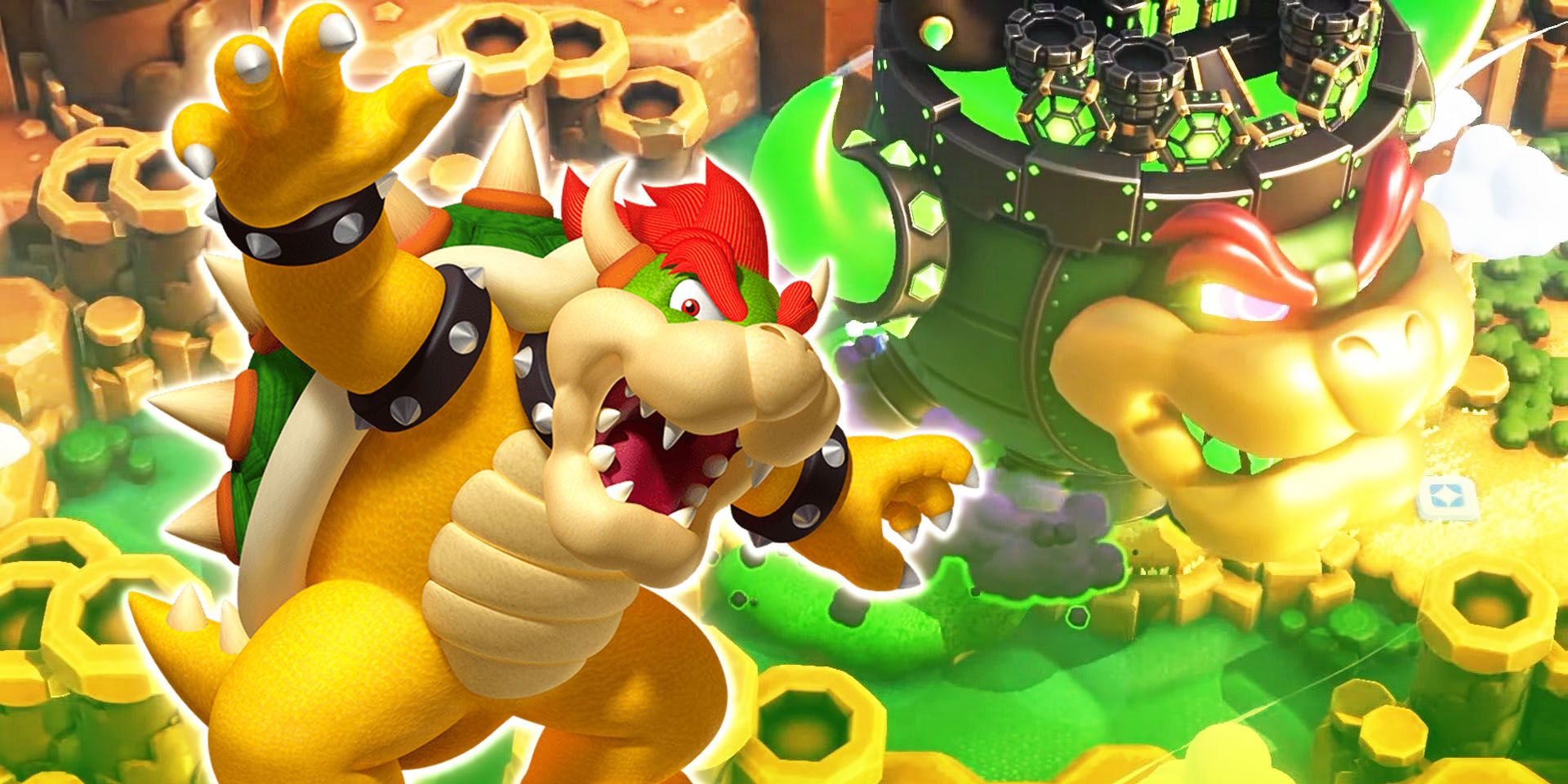 Bowser in front of green and yellow landscapes in Super Mario Bros. Wonder.