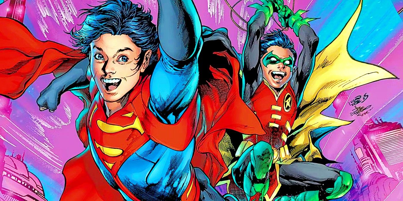 Arte del cómic: Superboy Jon Kent y Robin Damian Wayne saltan hacia adelante, sonriendo, como los Super Hijos.