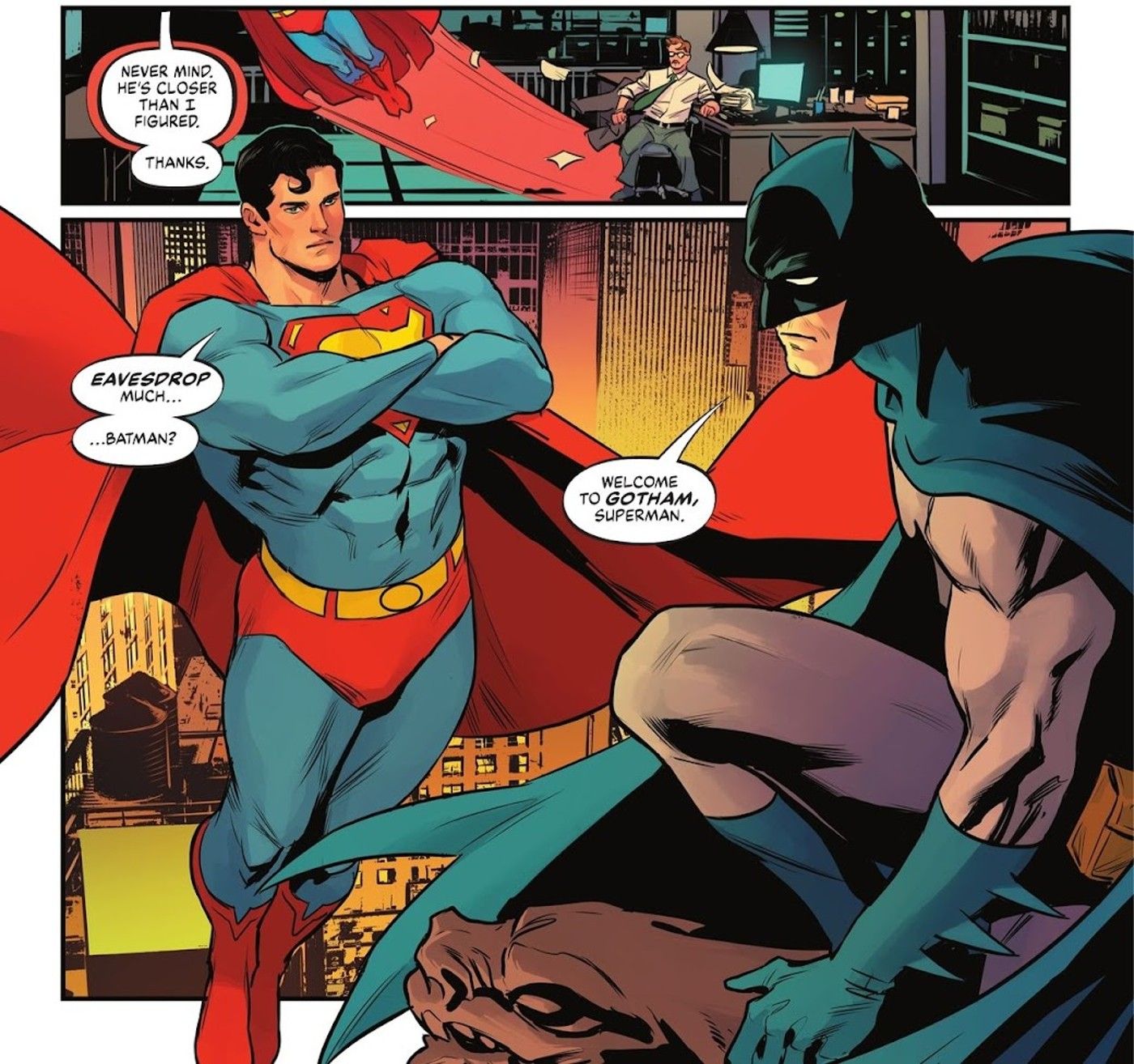 Superman and Batman Meet on a Gotham Roof